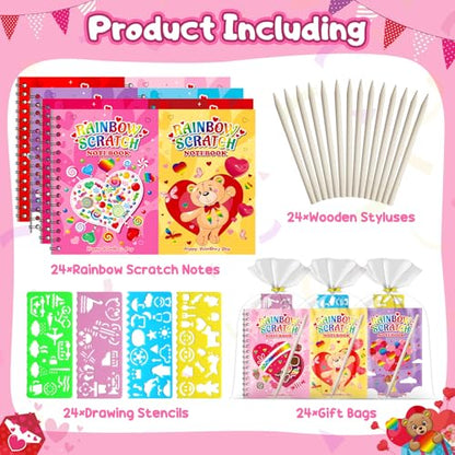 Scratch Art Party Favors for Kids: 24 Pack Valentines Rainbow Scratch Art Notebook Classroom School Party Supplies Bulk for Girls Boys Goodie Bags Stuffers, Valentines Day Gifts for Kids Classroom - style: 24 Pack Valentines