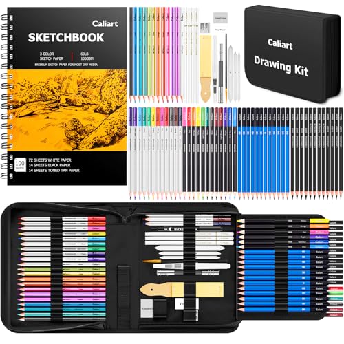 Caliart 176PCS Art Supplies Sketching Kit, 100 Sheets 3-Color Sketch Book | Graphite Colored Charcoal Watercolor & Metallic Pencils, Drawing Set Gifts for Adults Teens Girls Boys Kids - color: Black