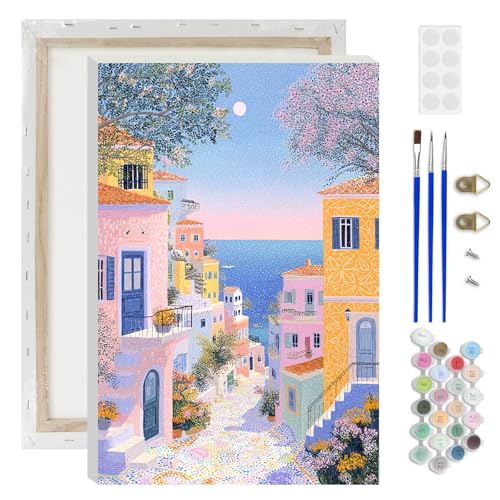 Lxmsja Greek Village Paint by Numbers Kit for Adults, Greek Island Acrylic Paint by Numbers for Adults Beginner, DIY Craft Supplies Oil Painting Kits for Home Wall Decor 8x12 inch (Framed) - color: pink#104