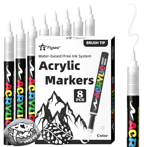 Paint Pens Acrylic Markers - 8 White Brush Tip Water Based Marker Pens for Rock Painting, Wood, Ceramic, Glass, Acrylic Paint Markers for Egg Pumpkin - color: White, size: 8 Pcs