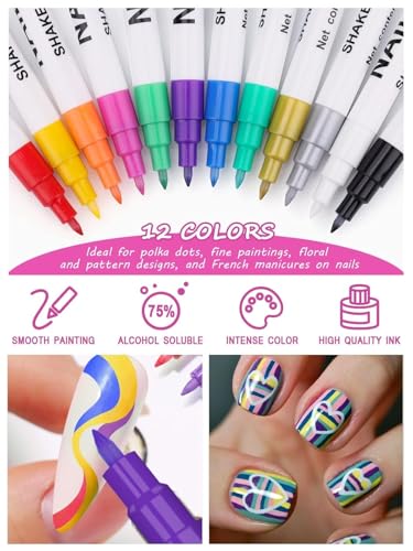 Kalolary 3D Nail Art Pens Set, 12 Color Pens, DIY Nail Art Beauty Adorn Manicure Tools - color: A