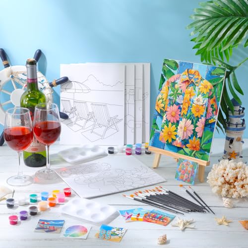 6 Pack Pre Drawn Canvas for Painting Pre Printed Canvas Kit 8 x 10 Inch Stretched Cotton Paint and Sip Set for Adults Couple Party Graduation Summer Date Night(Summer Hawaii) - style: Summer Hawaii