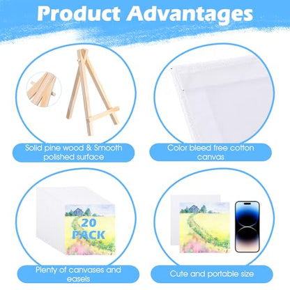 20 Pack 5.9In Canvas Boards for Drawing, Mini Painting Canvas with Easel Set, Painting Kits