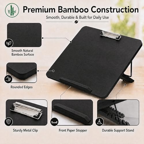 Slant Board for Writing, Adjustable Bamboo Writing Board with 6 Angles, Non-Slip Pads and Carrying Bag, Foldable Slanted Clipboard Easel for Handwriting, Reading, Drawing, Homework and Study Black - color: Black