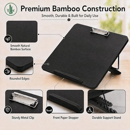Slant Board for Writing, Adjustable Bamboo Writing Board with 6 Angles, Non-Slip Pads and Carrying Bag, Foldable Slanted Clipboard Easel for Handwriting, Reading, Drawing, Homework and Study Black - color: Black