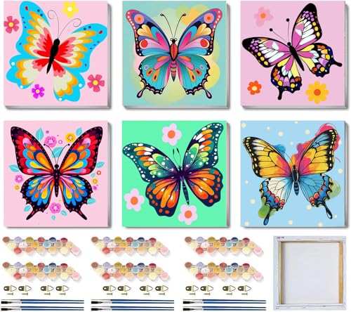 MXCFZX 6 Pack Butterfly Paint by Number for Kids with Wooden Frame,Easy Paint by Numbers for Kids Ages 4-8-12 Children DIY Acrylic Oil Painting by Number Kits for Home Wall Decor 8x8 Inch - color: Butterfly Paint By Numbers with Framed 6-pack, size: 8''x8