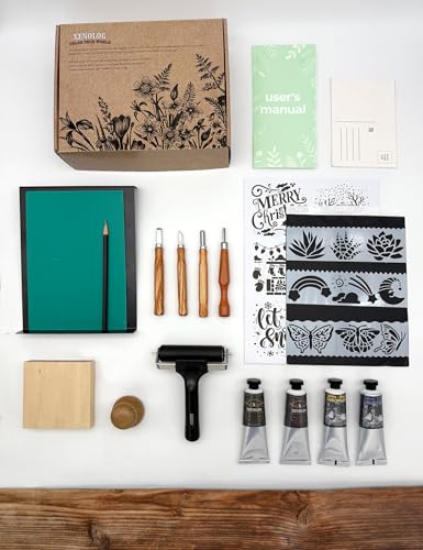 Xenolog Deluxe Block Printing kit - Premium lino Cutters, Linoleum Blocks for printmaking, Includes Printing Ink in 4 Colors, Brayer, baren, Basswood, Transfer Paper, Stencils, and Guide - Ideal Gift