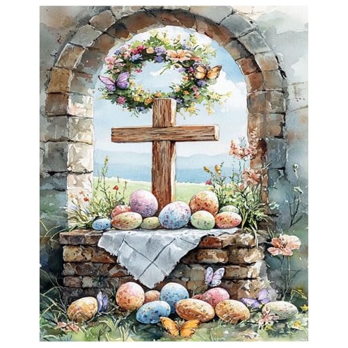 hkejoi Easter Paint by Numbers Kit for Adults Beginners, Adult Paint by Number Kits on Canvas Cross, Painting by Number DIY Crafts Acrylic for Gift Home Decor 16x20 in - color: Cross and Egg