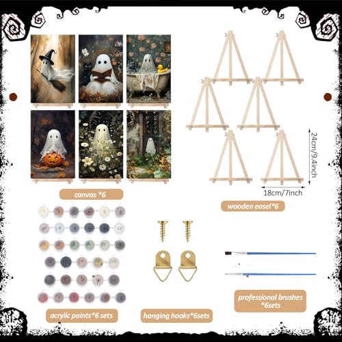 YooNotee 6 Pack Ghost Paint by Numbers Kit on Canvas with Wooden Easels & Brushes, 12x8 Inch Halloween Canvas for Adults Art Set Easy Acrylic Ghost Paint Kit Beginners for Halloween Home Decor - style: Ghost