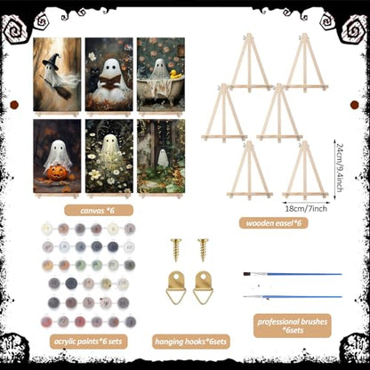 YooNotee 6 Pack Ghost Paint by Numbers Kit on Canvas with Wooden Easels & Brushes, 12x8 Inch Halloween Canvas for Adults Art Set Easy Acrylic Ghost Paint Kit Beginners for Halloween Home Decor - style: Ghost