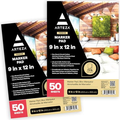 ARTEZA Marker Paper Pad 9x12 Drawing Pad 2 pack 50 Sheets Sketch Pads for Drawing for Adults & Teens - size: ef of 2 pk