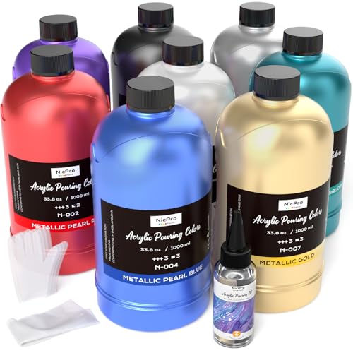 Nicpro 8 Colors 33.8 oz Large Bulk Metallic Acrylic Pouring Paint Supplies Kit, Premixed High Flow Art Pour Paint with Silicone Pour Oil, Gloves, Tablecloths for Beginner DIY, Ready to Pour - color: Metallic Color