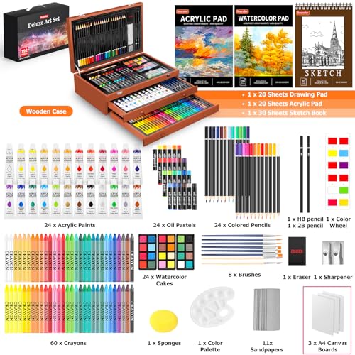 Soucolor Arts and Crafts Kits, 192-Pack Deluxe Art Set Coloring Drawing Painting Supplies Art Kit with Acrylic Pad, Watercolor Pad, Sketch Book, Canvases, Acrylic Paint, Crayons, Pencils - color: Yellow Brown