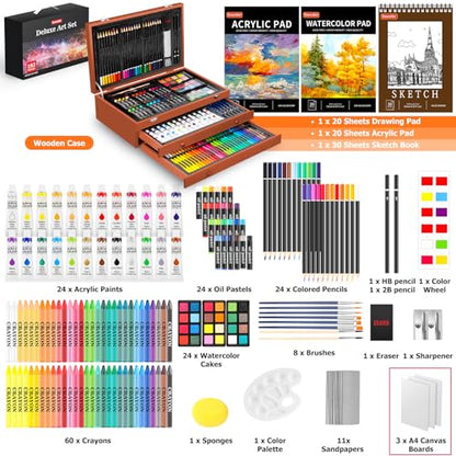 Soucolor Arts and Crafts Kits, 192-Pack Deluxe Art Set Coloring Drawing Painting Supplies Art Kit with Acrylic Pad, Watercolor Pad, Sketch Book, Canvases, Acrylic Paint, Crayons, Pencils - color: Yellow Brown