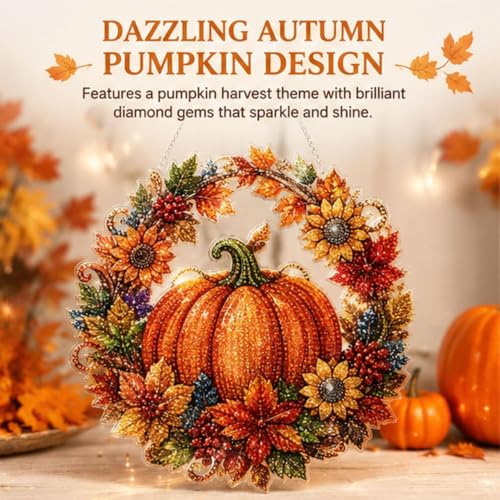 Autumn Harvest Pumpkin Diamond Art Hanging Ornament Kit, DIY Fall Pumpkin Craft with Sunflowers, DIY Diamond Painting Kit – Acrylic Hanging Display, Complete DIY Set with Accessories (1pcs) - color: 1pcs