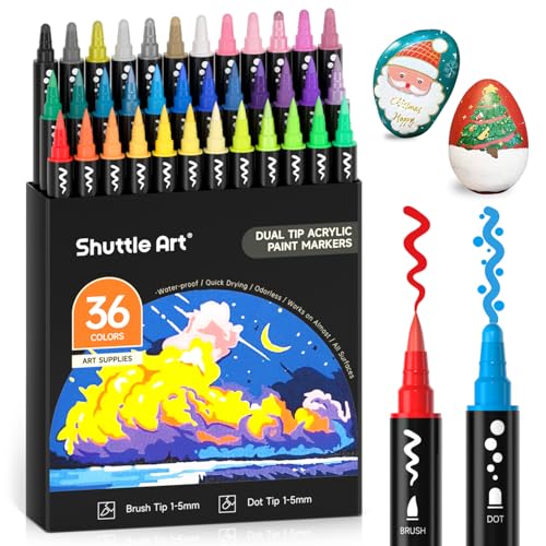 Shuttle Art 36 Colors Dual Tip Acrylic Paint Markers, Brush Tip and Dot Tip Acrylic Paint Pens for Rock Painting, Ceramic, Wood, Canvas, Plastic, Glass, Stone, Calligraphy, Card, DIY Football Crafts - color: Assorted