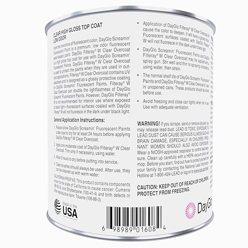 DayGlo Acrylic Latex Filteray UV Clear Coat for use with Screamin' SRX paints, Quart - style: QT-Quart