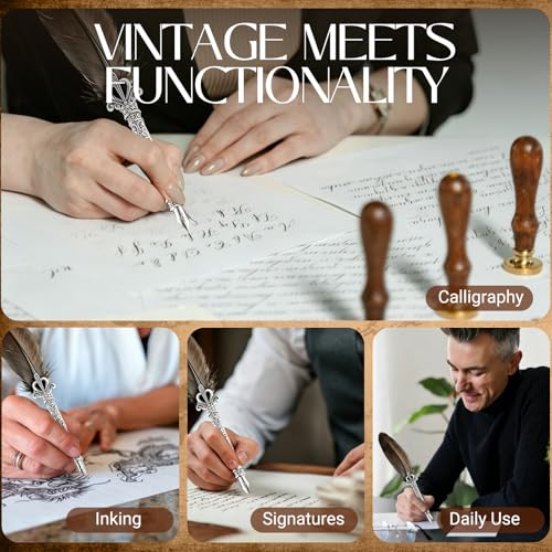 Joyeee Grey Writing Quill and Ink Set, With Elegant Antique Feather Fountain Dip Pen, Black Ink Pot, Stainless Steel Nibs, Collectible Keepsake Gift Box, Nice Luxury Office Gift for Colleagues Clients - color: Grey Quill Pen Set