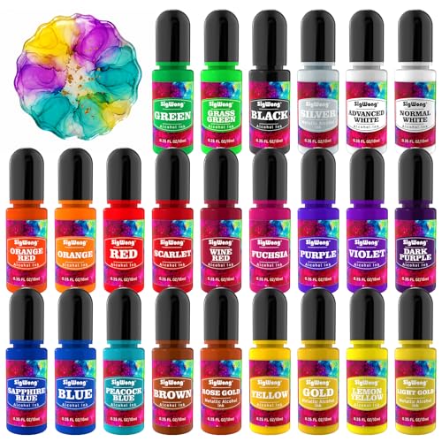 Alcohol Ink Set - 24 Bottles Vibrant Colors High Concentrated Alcohol-Based Ink, Concentrated Epoxy Resin Paint Colour Dye Great for Resin Petri Dish, Coaster, Painting, Tumbler Cup Making(10ml Each)