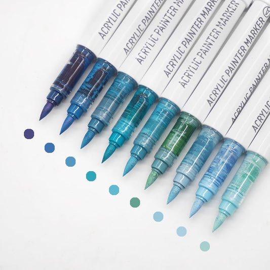 Water Based Acrylic Paint Markers Blue, 9 Colors Acrylic Paint Pens Set with Soft Brush Tip, Marker Pen for Rock Painting, Egg, Wood, Glass, Paper, Mugs, Acrylic Painter Ink (Blue Series-2) - color: Blue Series-2