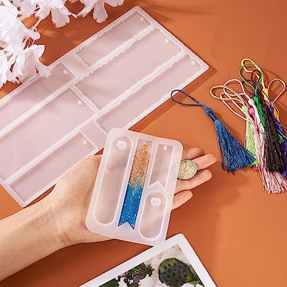 Craftdady 2Pcs Resin Bookmark Mold Rectangle Oval Flag Silicone Resin Molds with 20Pcs Bookmark Tassels 10 Colors for Epoxy Resin Casting - color: Transparent, Bookmarks