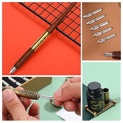 Joyeee Feather Calligraphy Dip Pens and Nibs, Stationery Paper, Pen Base, Spoon, Black Ink Bottle, Dip Pen Wooden for Writing Letters, Greeting Cards, Valentine’s Day Gift for Writing Drawing Lover - color: #102 Purple feather pen set