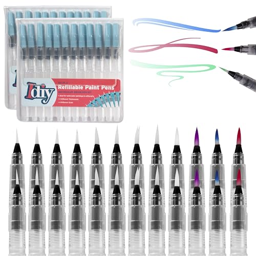 Refillable Watercolor Brush Pens Set of 24 – Water Brush Pens with 3 Tip Sizes (3mm, 4mm, 5mm) – Nylon Point Tips for Painting, Lettering, Calligraphy & DIY Crafts – Easy Flow Control & Easy to Clean - size: 24 pk