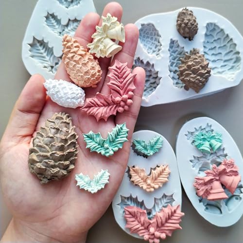 4PCS Christmas Fondant Molds, Christmas Holly Leaves Bells Pinecone Silicone Chocolate Molds, Unique Shape Cake Pop Candy Gummy Molds for Baking, DIY Holiday Dessert Polymer Clay Candle Craft - color: 4pc xmas