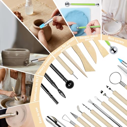 42 Pcs Pottery Tools Kit | Clay Sculpting Tools | Pottery Enthusiast Gifts | Stainless Steel & Wooden Handle | Portable Tools Set for Carving, Modeling, Shaping, Polymer | Ideal for Beginners, Artists