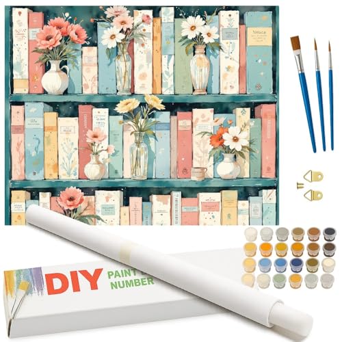 Floral Library Paint by Numbers Kit for Adults - DIY Books and Blooming Vases Painting Rolled on Canvas 16x20In, Acrylic Paint Set, Suitable for Beginners, Art for Home Decoration or Gifts - color: TCXY08575-16x20IN Rolled