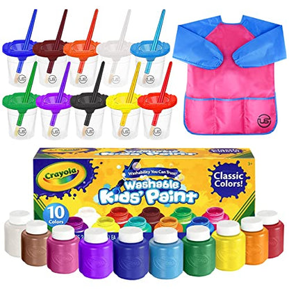 The Mega Deals Kids Painting Set - Washable Non-Toxic Finger Paints (10 Colors of 2 oz) with 10 Paint Cups, 10 Brushes, Kids Smock Mess-Free Toddler Art Supplies Painting Kit for Kids Gift Bundle