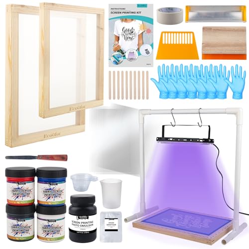 Ecoofor 47PCS All-in-One Screen Printing Kit with 50W UV Exposure Lamp, 2 Sizes Wood Screen Printing Frames, 4 Screen Printing Ink Colors, 10 A4 Transparency Films & Tools - color: Blue 47Pcs+50W UV Lamp