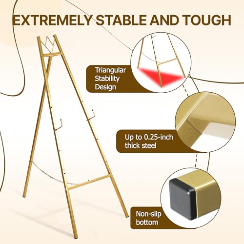 57.5" Gold Easel Stand for Sign, Wedding Sign Stand for Display, Assembly Required, 4 Adjustable Height Levels Heavy Duty Metal Display Stand Floor Standing Easels for Art, Paintings, Pictures