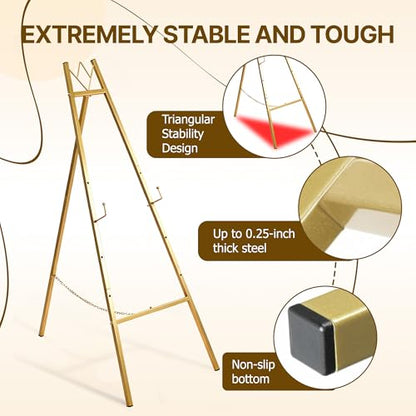 57.5" Gold Easel Stand for Sign, Wedding Sign Stand for Display, Assembly Required, 4 Adjustable Height Levels Heavy Duty Metal Display Stand Floor Standing Easels for Art, Paintings, Pictures