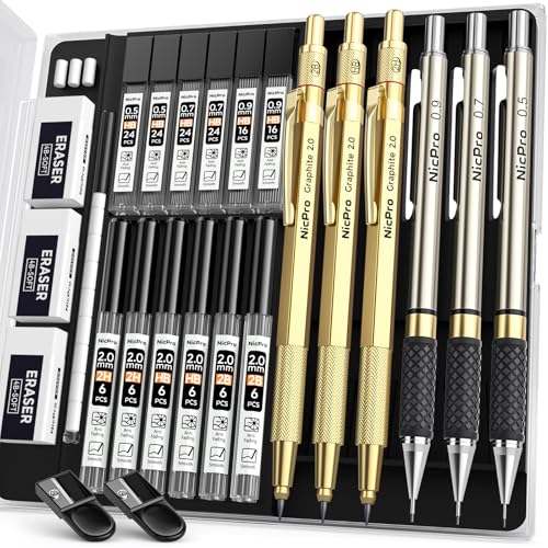 Nicpro Gold Art Mechanical Pencil Set, Metal Drafting Pencil 0.5, 0.7, 0.9mm & 2mm Lead Holder(2B HB 2H) For Sketching Drawing With Lead Refills Case - color: Gold