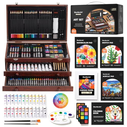 Shuttle Art Deluxe Gift Art Kit, 202-Piece Wooden Art Supplies Set with 4 Drawing Pads, Canvases, Coloring Sheets, Acrylic Paint, Crayons, Oil Pastels, Colored Pencils for Kids - color: Cherry, size: 202 Piece Set
