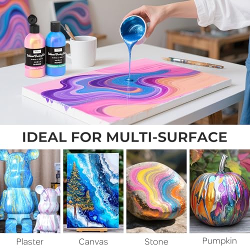 Nicpro 8 Colors Iridescent Metallic Acrylic Pour Paint Supplies Kit 8.45oz | Large Ready to Pour Premixed High Flow Pouring Paint Set with Silicone Pouring Oil, Gloves, Instructions for Beginner DIY - color: 8 Colors