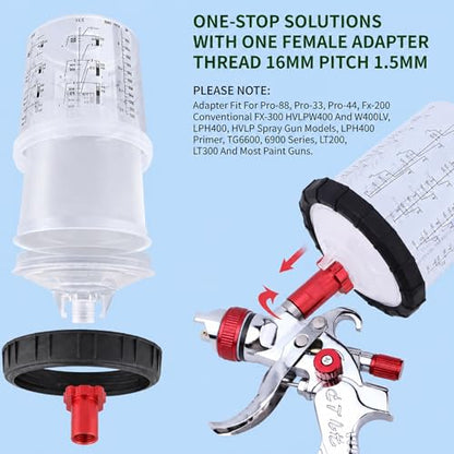 Disposable Paint Spray Gun Cups for Automotive Paint Gun, Paint Mixing Cups 20 Ounce Kit - 50 Pack Paint Cups with Lids,2 Hard Cups with 2 Retainer Rings,1 Paint Gun Adapter and 1 Paint Stirrer - size: 20 ounce