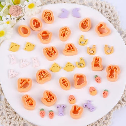 Puocaon Easter Polymer Clay Cutters - 18 Pcs Small Stud Easter Clay Cutters for Polymer Clay Earrings Jewelry Making, Spring Rabbits Bunny Carrot Chicken Eggs Shape