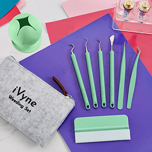 iVyne (8pcs) Premium Vinyl Weeding Tool Kit & Weeding Scrap Collector Soft Grip Tools with Berry, Weeder, Tweezers, Picker Or Hook, and Scraper Set for Scrapbooking & HTV - - color: Silicone Tools & Berry Green