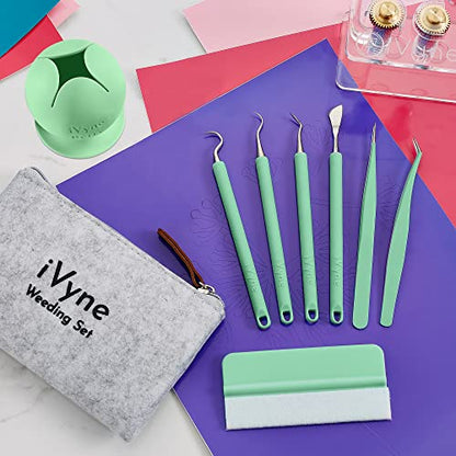 iVyne (8pcs) Premium Vinyl Weeding Tool Kit & Weeding Scrap Collector Soft Grip Tools with Berry, Weeder, Tweezers, Picker Or Hook, and Scraper Set for Scrapbooking & HTV - - color: Silicone Tools & Berry Green