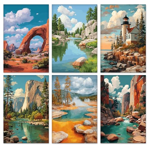 KEYIFA 6 Pack Paint by Numbers Kit, Stretched Canvas Boards for Painting for Adults, No Crease Acrylic Oil Painting for Students Beginners Favor Sip & Paint Party Supplies, Natural Landscape (8x12) - color: 007-National Park
