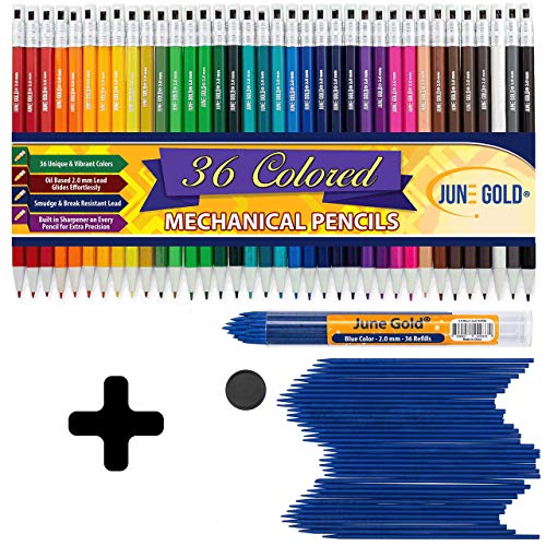 June Gold 36 Blue Lead Refills and 36 Assorted Colored 2.0 mm Mechanical Pencils in 36 Unique Colors