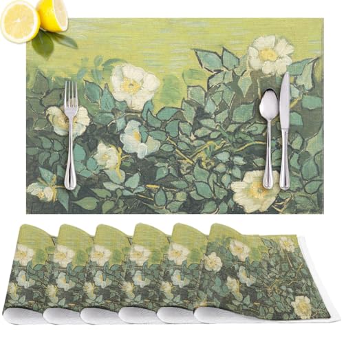Classic Green Wild Rose Placemats Set of 6 Vincent V.Gogh Oil Painting, PVC Vinyl Heat Resistant Non-Slip Washable Durable Place Mat for Kitchen Dining Coffer Holiday Table Decor, 18"x12" - color: Classic Green Rose Flower Oil Painting