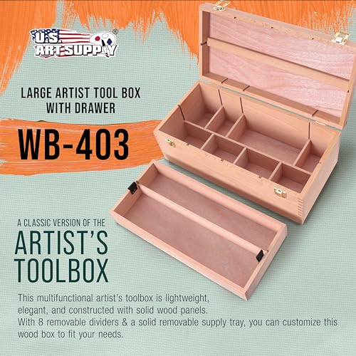 U.S. Art Supply Multi-Function Artist Supply Box with Locking Clasps & Removable Tray - Wooden Art Box for Artist Supplies, Brushes, Pencils, Erasers, Tool Storage Organizer Case