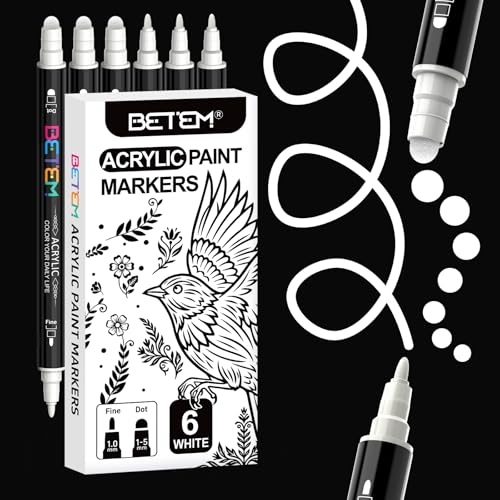 Betem 6 White Dual Tip Acrylic Paint Markers, Fabric Decorating Kits Premium Water-Based Acrylic Paint Pens Art Supplies for Fabric, Rock, Wood, Glass, Canvas, Ceramic, Teacher Appreciation Gift - color: White