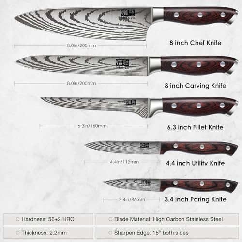 SHAN ZU Japanese Chef Knife Set 5 PCS, High Carbon Stainless Steel Ultra Sharp Kitchen Knives for cooking, Professional Chef Knife Set with Ergonomic Pakkawood Handle - color: 5 PC KNIFE SET