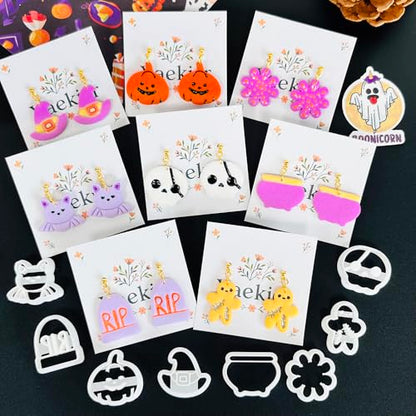 Xaekicr Halloween Polymer Clay Cutters Set – 8Pcs Clay Cutters for Earrings, Pumpkin Skull Witch Hat Molds for DIY Clay Jewelry Making - color: J color