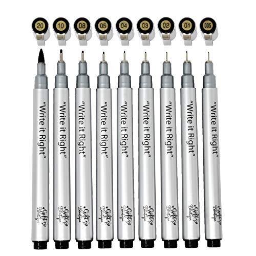 Gift Boutique Black Micro-Pen Fineliner Pigment Pens, Set of 9 Archival Ink Waterproof Brush & Calligraphy Tip Nibs For Art Technical Drawing Sketching Calligraphy Illustration Journaling Scrapbooking