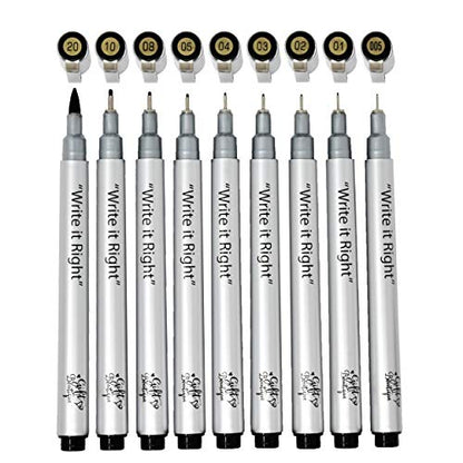 Gift Boutique Black Micro-Pen Fineliner Pigment Pens, Set of 9 Archival Ink Waterproof Brush & Calligraphy Tip Nibs For Art Technical Drawing Sketching Calligraphy Illustration Journaling Scrapbooking